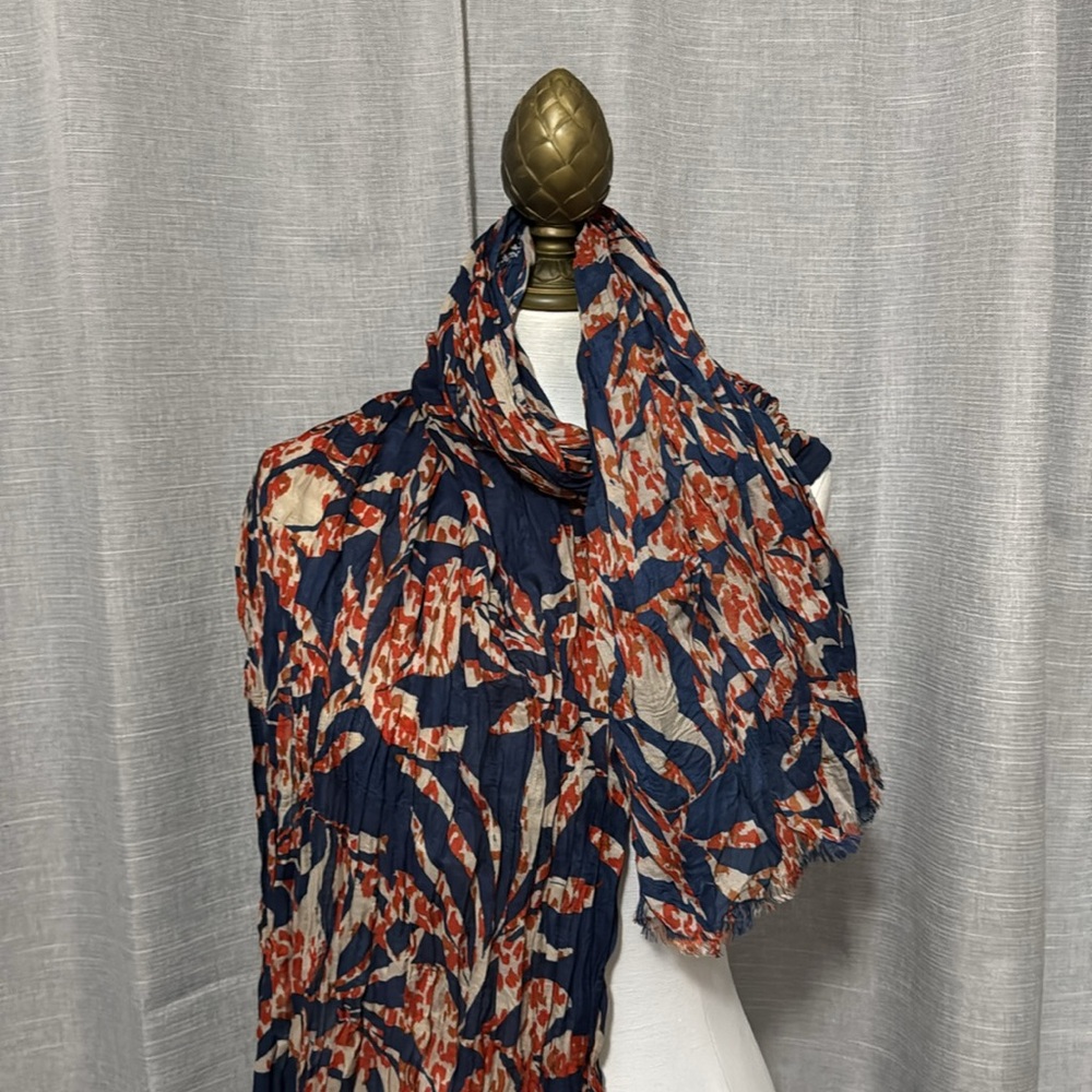 NWT-Banana Republic Scarf-Manray Hotel-Red/Navy-Polyester-Crinkle-Raw Edge - Picture 2 of 13